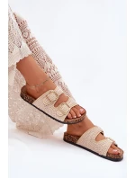 Szydełkowe Klapki Damskie Ze Złotymi Klamrami Beżowe Fenira Szydełkowe Klapki Damskie Ze Złotymi Klamrami Beżowe Fenira