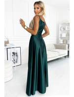 Elegantné saténové maxi šaty bez ramienok Numoco CHIARA - zelené