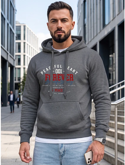 Pánska mikina s kapucňou a vreckom na hrudi s potlačou, tmavošedá, FashionStreet NX5150BX