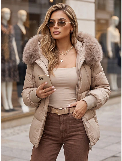 Dámska zimná prešívaná bunda s kapucňou, béžová, FashionStreet TY6005 Dámska zimná prešívaná bunda s kapucňou, béžová, FashionStreet TY6005