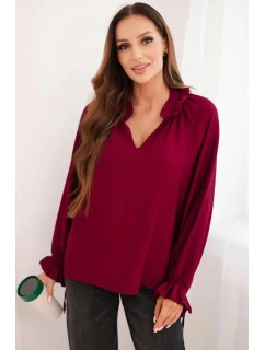 Dámska viskózna blúzka s véčkovým výstrihom a viazankami na rukávoch slivka