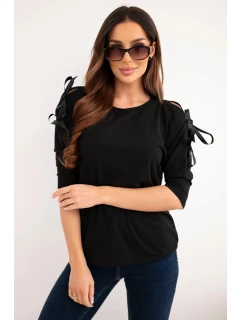 Dámska viskózna blúzka s ozdobnými stuhami čierna