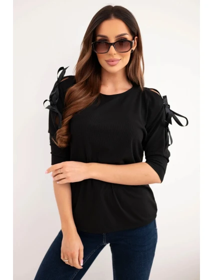 Dámska viskózna blúzka s ozdobnými stuhami čierna