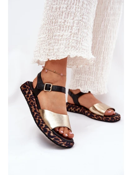 Sandały Skórzane Damskie Na Platformie Z Panterką S.Barski JC51-347 Złote