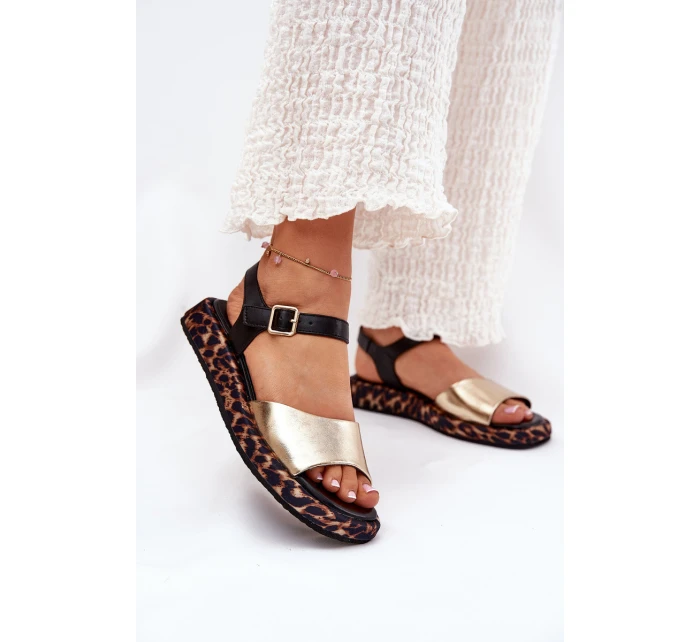 Sandały Skórzane Damskie Na Platformie Z Panterką S.Barski JC51-347 Złote