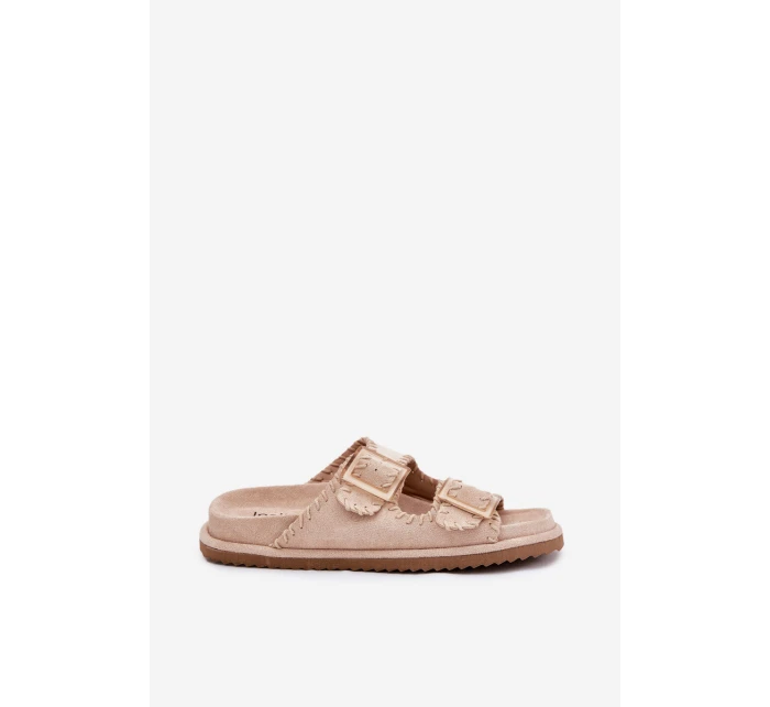 Klapki Damskie Z Klamrami I Ozdobnym Obszyciem Beżowe Visley Klapki Damskie Z Klamrami I Ozdobnym Obszyciem Beżowe Visley