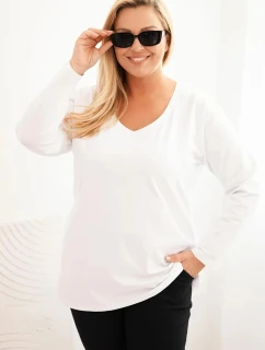 Plus veľkosť dámske V-neck blúzka s dlhými rukávmi biela