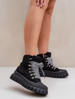 Damskie Ocieplane Botki Trapery Na Platformie Czarne Alcyhen