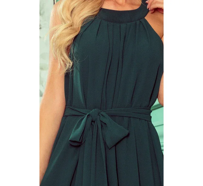 ALIZEE - Dámske šifónové šaty vo fľaškovo zelenej farbe so zaväzovaním 350-4