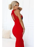 617-3 Dlhé šaty s čiernou čipkou a sieťovinou - ČERVENÉ