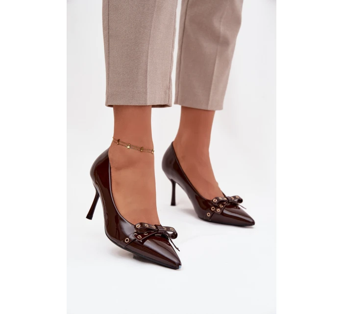 Lakované lodičky s mašľou Janisse - čokoláda