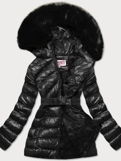 Čierna lesklá zimná bunda s machovou kožušinovou podšívkou (w674)