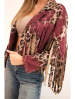 Dámska semišová bunda so strapcami s leopardím vzorom vo vínovej farbe