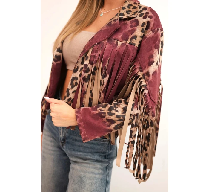 Dámska semišová bunda so strapcami s leopardím vzorom vo vínovej farbe