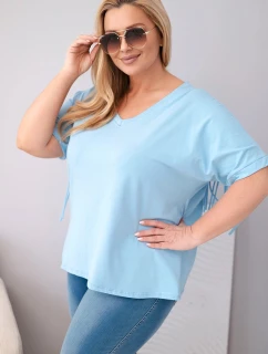 Dámska bavlnená blúzka nadmernej veľkosti s výstrihom do V a strapcami na chrbte Blue