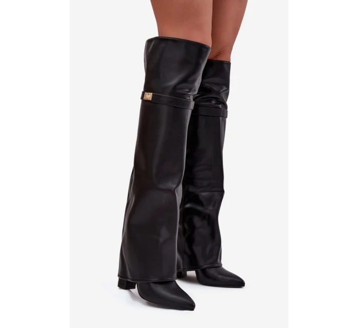 Ocieplane Kozaki Z Wywiniętą Cholewką Za Kolano Obcas Słupek Czarne Serelle