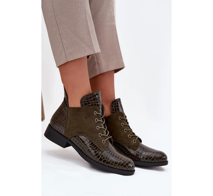 Lakierowane Botki Damskie Z Ozdobnym Tłoczeniem Ocieplane Vinceza 16477 Ciemnozielone