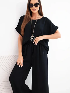 Dámska viskózna blúzka s krátkym rukávom a široké nohavice čierna