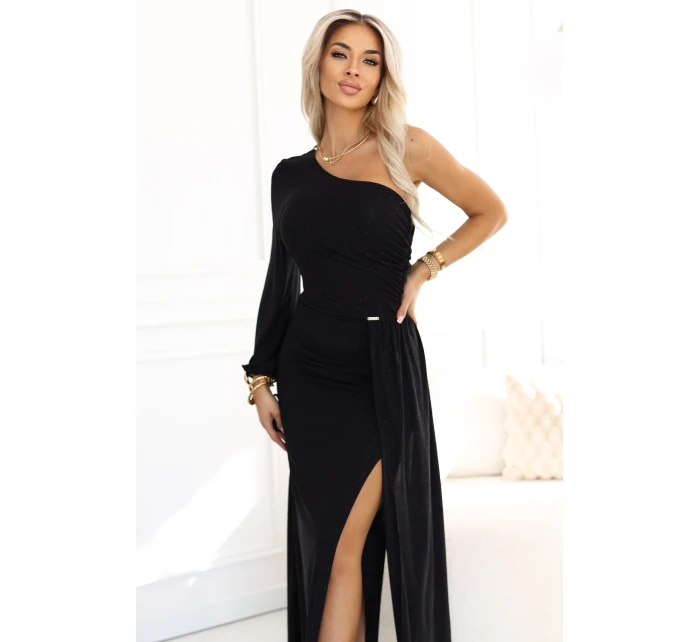 model 21822290 Třpytivé maxi šaty na jedno rameno s asymetrickými rukávy a rozparkem černé - numoco