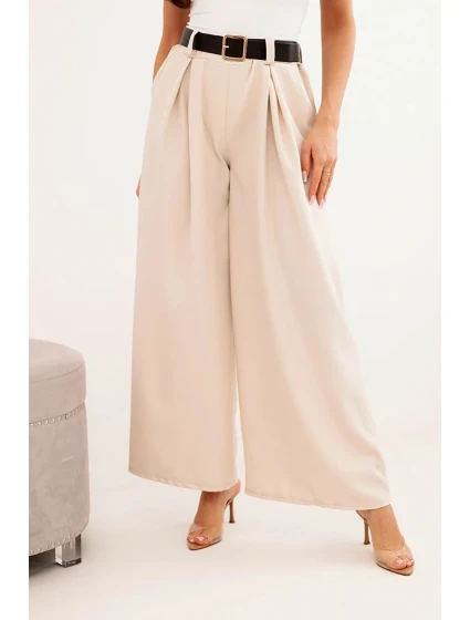 Dámske široké nohavice s opaskom svetlo béžové