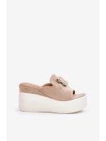 Klapki Na Platformie I Koturnie Z Ozdobą Beżowe Tanonea