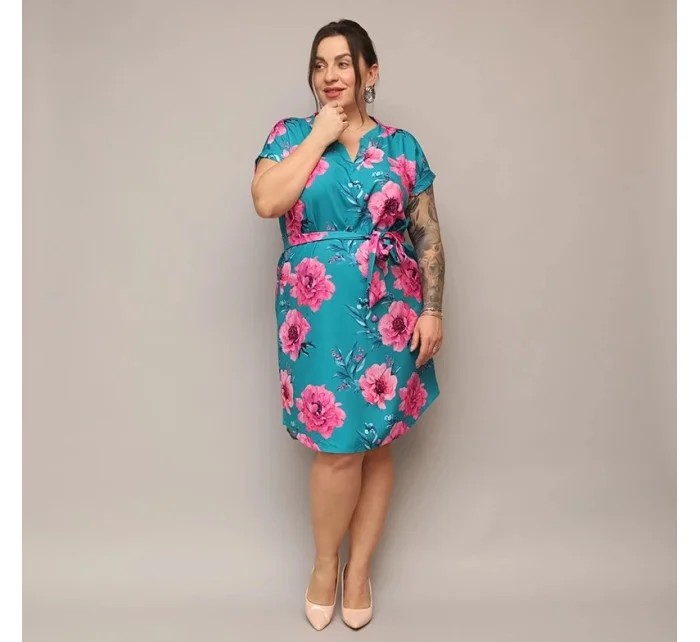 Dámské květované šaty v mořské barvě s páskem model 20070208 - Moon