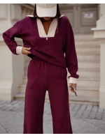 Dámský komplet mikina se stojáčkem a široké kalhoty s kapsami ve vínové bordó barvě model 21470467 - Moon