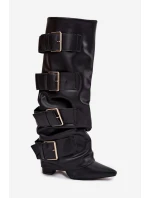 Kozaki Damskie Na Słupku Z Wywiniętą Cholewką I Złotymi Klamrami Czarne Isavelle Kozaki Damskie Na Słupku Z Wywiniętą Cholewką I Złotymi Klamrami Czarne Isavelle