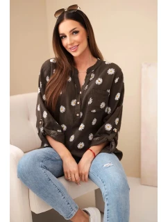 Dámska ľanová kvetinová blúzka s dlhým rukávom a gombíkmi hnedá