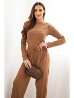 Dámsky viskózový komplet s blúzkou a širokými nohavicami camel
