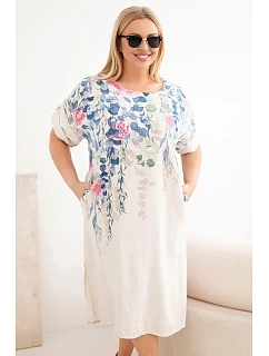 Dámske viskózové plus size šaty s krátkymi rukávmi a bočnými rozparkami béžovej farby