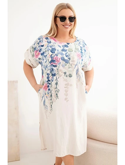 Dámske viskózové plus size šaty s krátkymi rukávmi a bočnými rozparkami béžovej farby