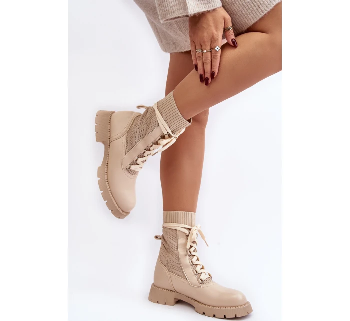 Dámské kozačky se šněrováním a světle béžové model 21642187 - Boto