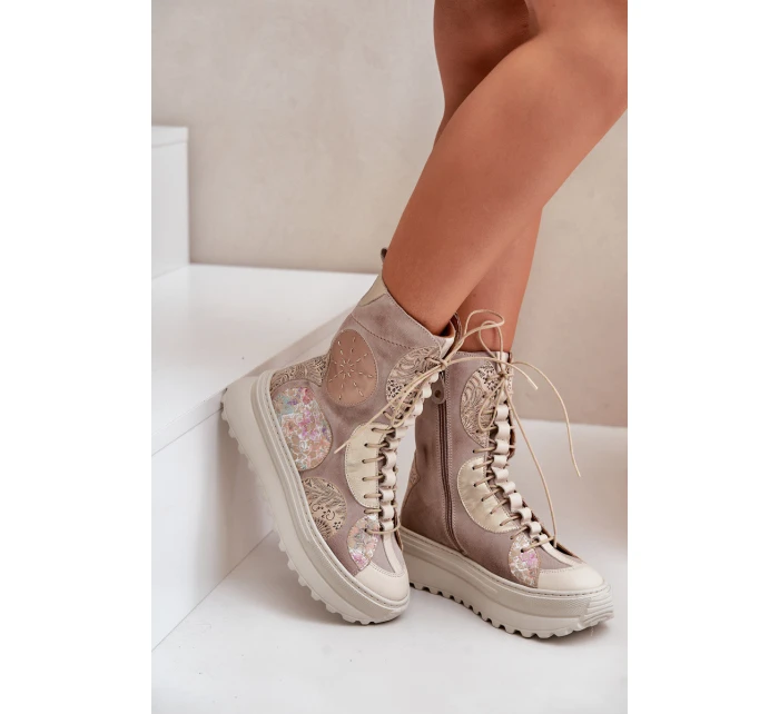 Skórzane Zamszowe Botki Na Platformie Ocieplane Maciejka 06565-04 Beżowe