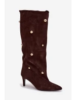 Vklouznuté dámské kozačky na jehlovém podpatku se zlatými ozdobami hnědé Thaliane