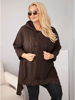 Dámská bavlněná mikina Plus Size s kapucí a pleteným detailem hnědý