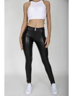 Dámske nohavice Hugz Black Faux Leather Mid Waist - HUGZJEANS Dámske nohavice Hugz Black Faux Leather Mid Waist - HUGZJEANS