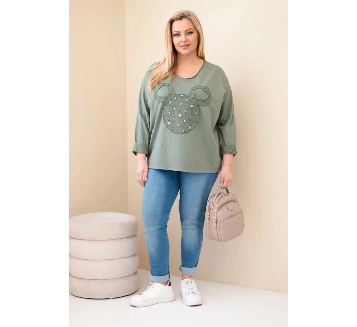 Dámská bavlněná blůza Plus Size s V výstřihem khaki
