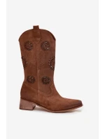 Ażurowe Kozaki Damskie Z Naturalnego Zamszu Na Klocku Zazoo 3793 Brązowe