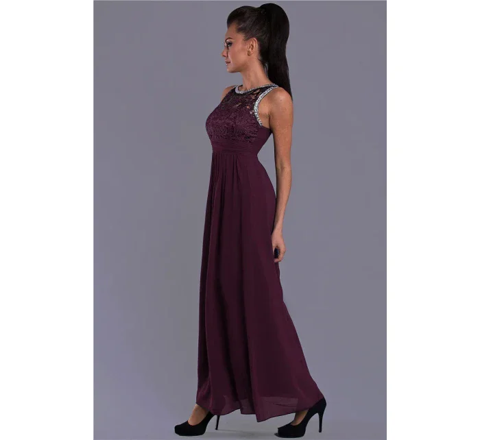 Dámské společenské šaty EVA model 15089591 s krajkou a kamínky dlouhé tmavě modrá - EVA&LOLA