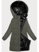 Čierno-haki hrubšia obojstranná dámska zimná bunda (V768g)