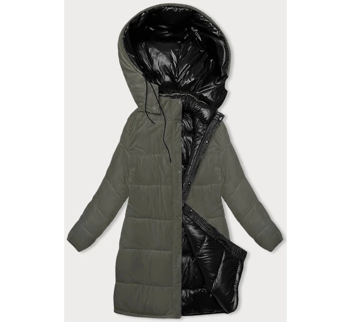 Čierno-haki hrubšia obojstranná dámska zimná bunda (V768g)