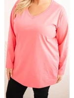 Dámská blůza Plus Size s výstřihem do V a dlouhým rukávem růžová