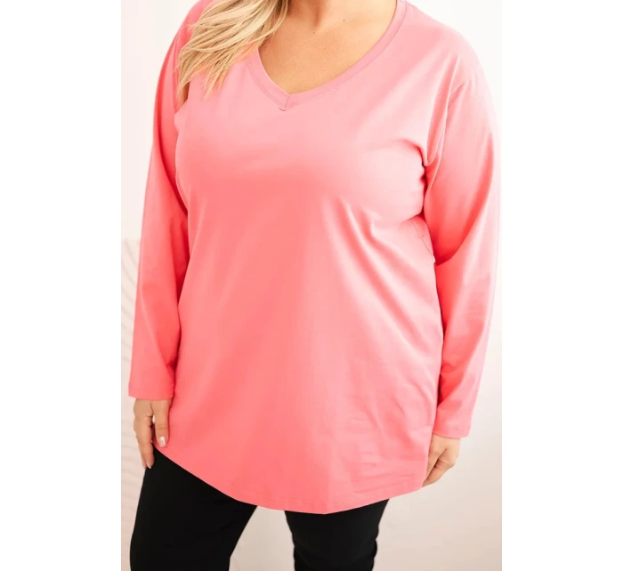 Dámská blůza Plus Size s výstřihem do V a dlouhým rukávem růžová