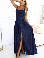 589-2 Dlhé šaty s jemnými trblietkami a korzetovým viazaním vzadu - tmavomodré s trblietkami