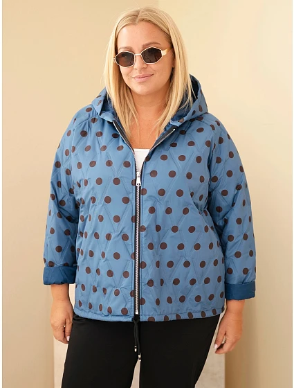 Dámska bunda Plus Size s kapucňou, s bodkovaným vzorom, džínsovo modrá