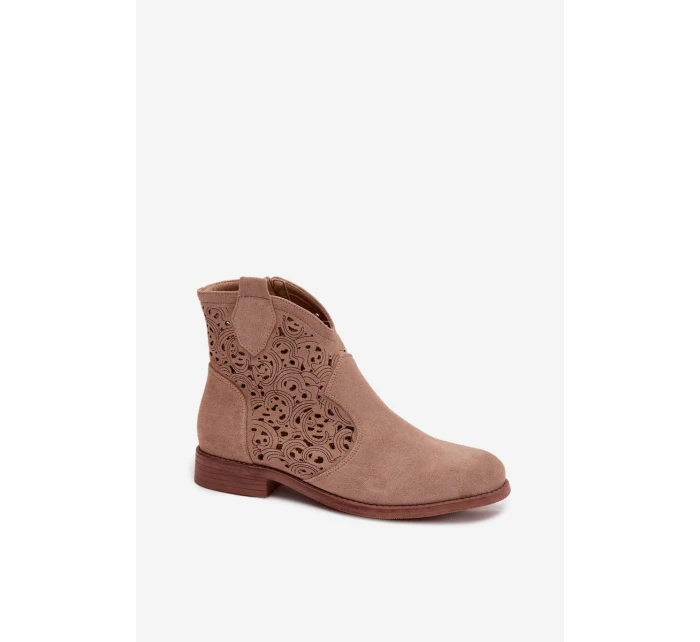 Dámské perforované kotníkové boty na nízkém podpatku model 21961093 Béžové - S.Barski