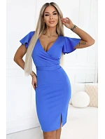model 22102281 NINA elegantní šaty s obálkovým výstřihem, rukávy a páskem královská modř - numoco