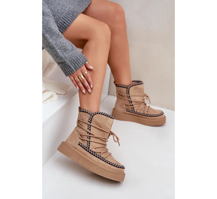 Śniegowce Damskie Z Haftem Na Platformie Brązowe Naleris