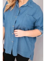 Dámske lyocelové tričko s predĺženým chrbtom a gombíkovými rukávmi Denim